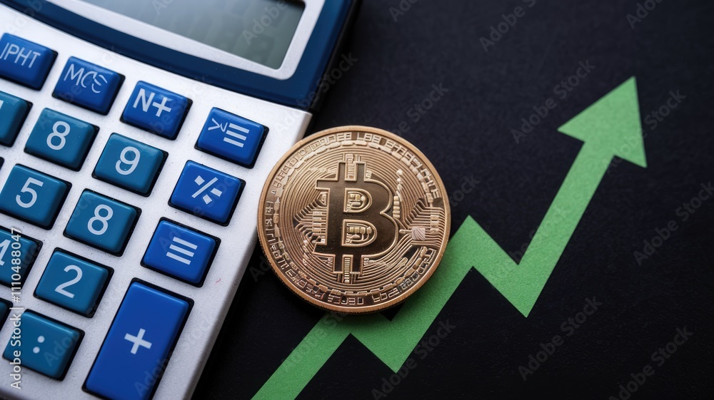 Poster bitcoin cryptocurrency price increase shown with a calculator and upward trending graph.