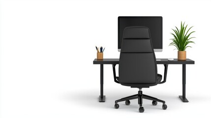 Obraz premium A photostock of a modern office desk setup with a sleek black computer and ergonomic chair, isolated on a clean white background. High Quality