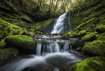 waterfall surrounded by mossy rocks, captured from a low angle