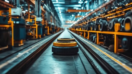 Industrial Warehouse Interior with Conveyor System, Focused View of Transport Wheels in a Manufacturing Facility, Efficient Logistics and Production Lines