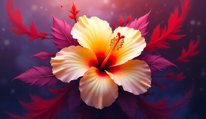 Vibrant image of a white hibiscus flower with a red center. The flower is surrounded by dark purple and red leaves, creating a fabulous scene with a touch of glitter.