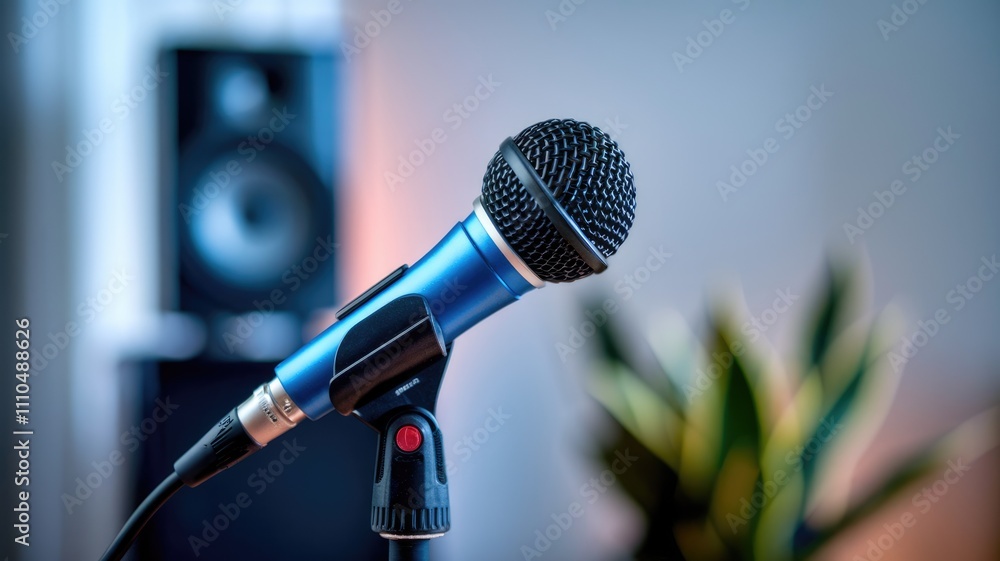 Poster a blue microphone on a stand ready for recording or a live performance.