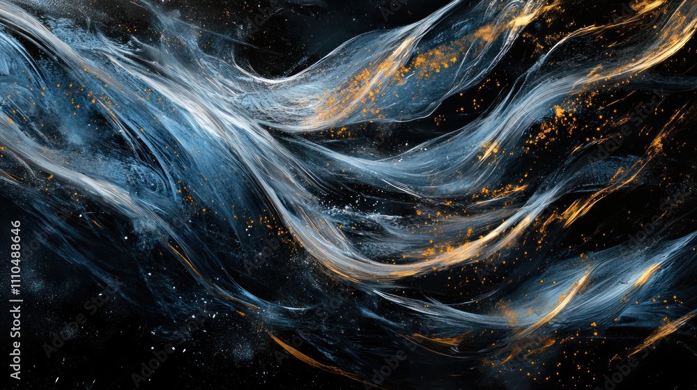 Poster composition featuring flowing streams of water interspersed with shimmering energy patterns,