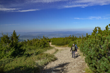 tourist on the trail from Korbielów to Pilsko in the Beskid Mountains