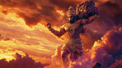 illustration of Hanuman Jayanti carrying a mountain with one hand amidst shining clouds, Ai generated images