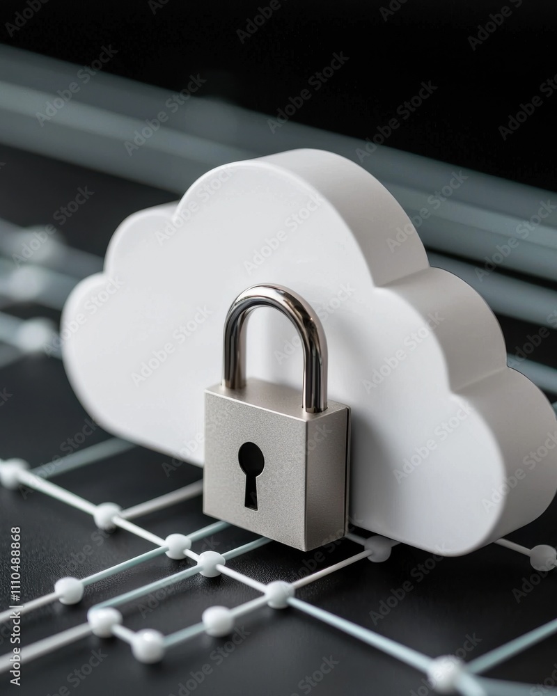 Poster a cloud with a padlock symbolizes secure data storage and protection in the digital realm.