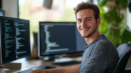 Young programmer smiling at his workstation, surrounded by screens and code.