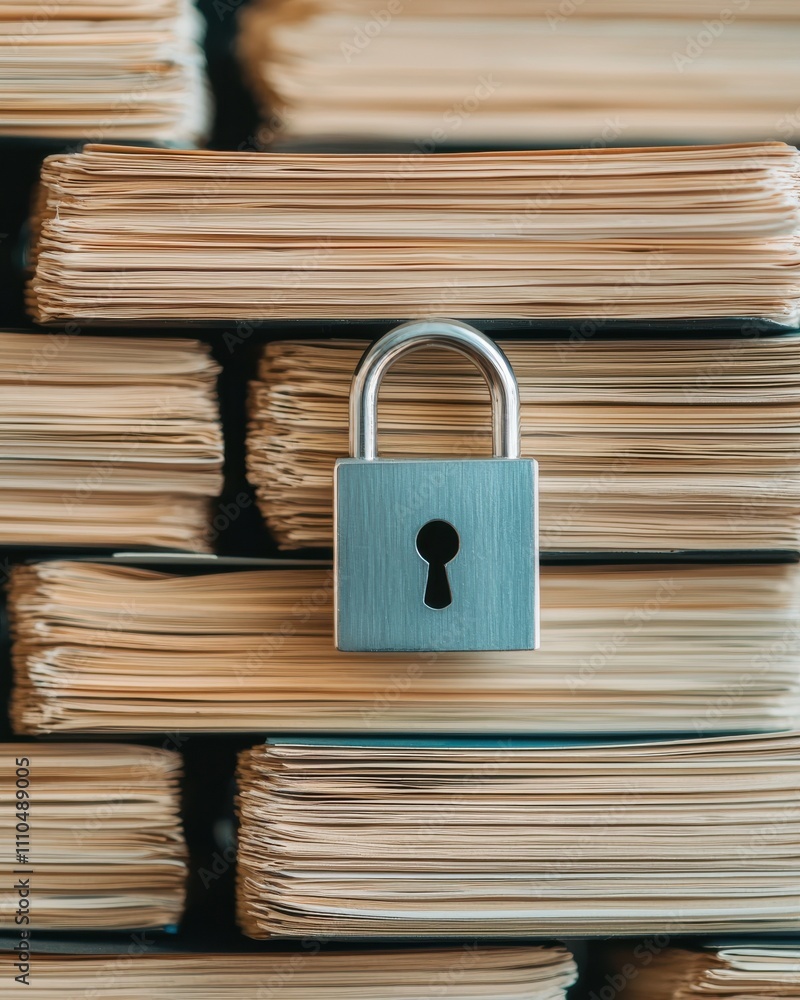 Poster a padlock is prominently displayed in front of stacked documents, symbolizing security and the prote
