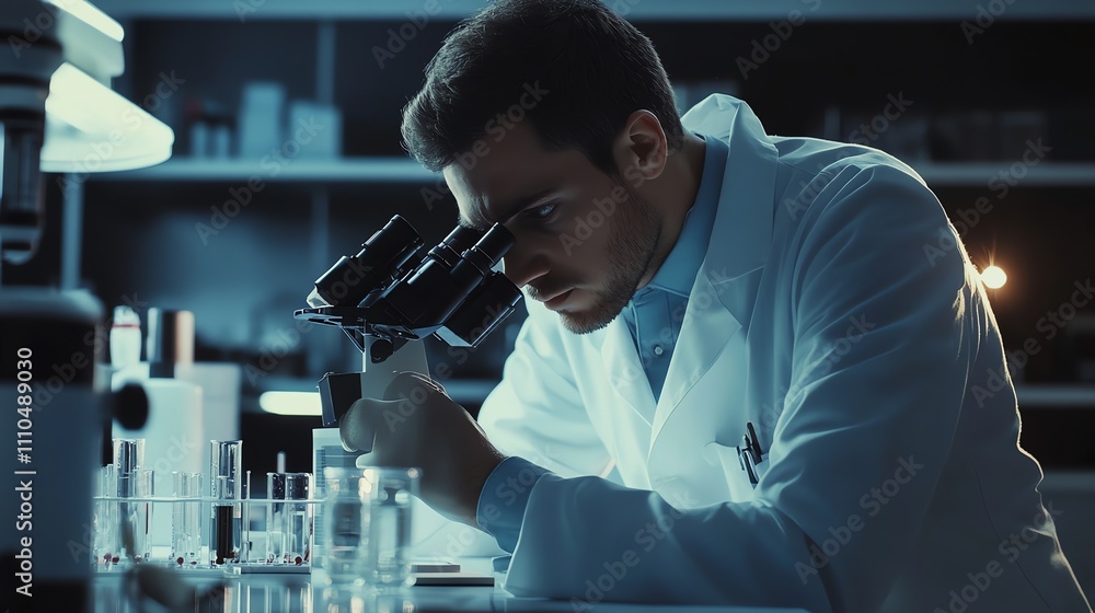 Poster a scientist in a lab coat examines a sample under a microscope.