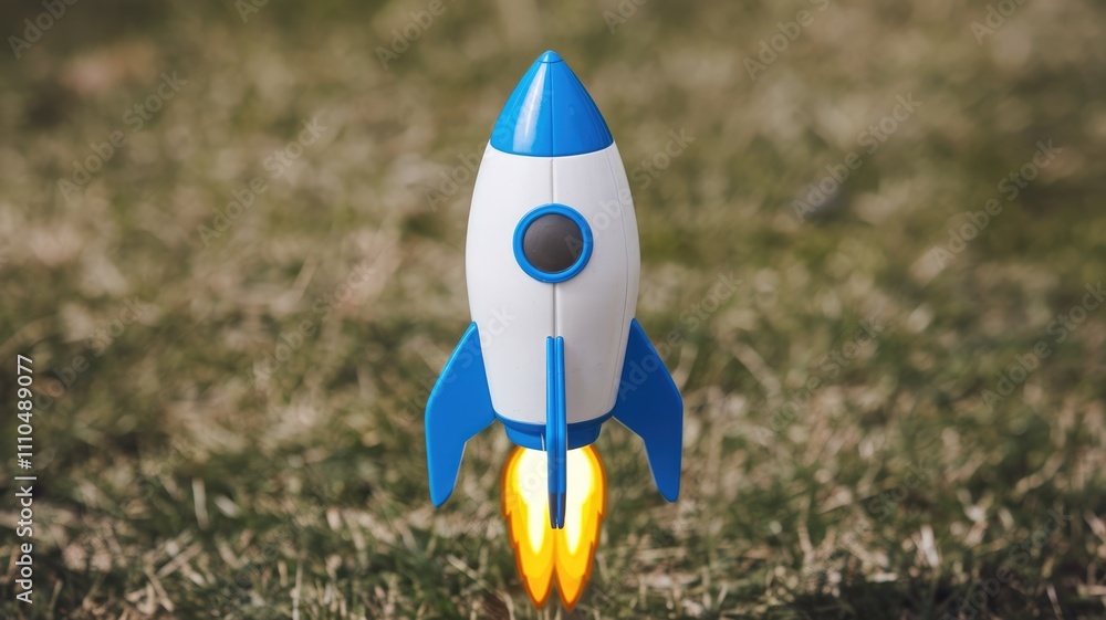 Poster a small toy rocket launching into the air symbolizing new beginnings and innovative ideas.