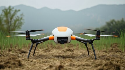 Agricultural drone ready for flight in a field, enhancing precision farming techniques.