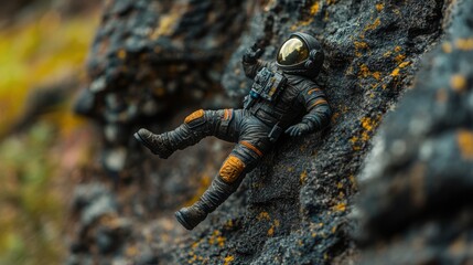 Obraz premium Miniature Astronaut Climbing Rugged Terrain on Rocky Surface Amidst Natural Colors of Earth in Detailed Focal Point, Capturing Adventure and Exploration Spirit