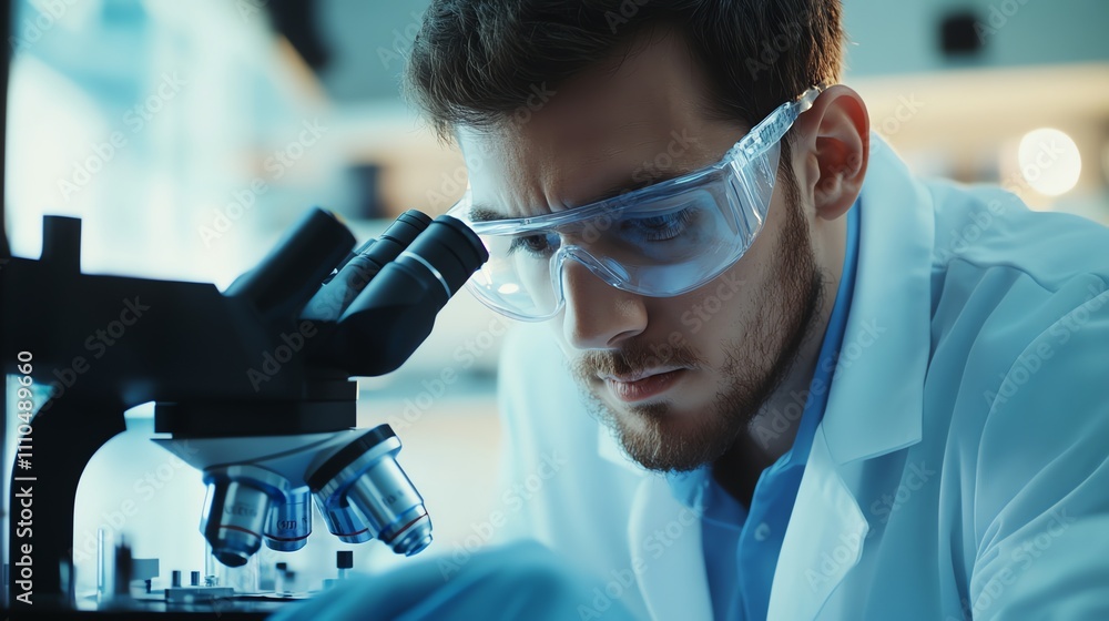 Aufkleber scientist looking through a microscope in a lab.