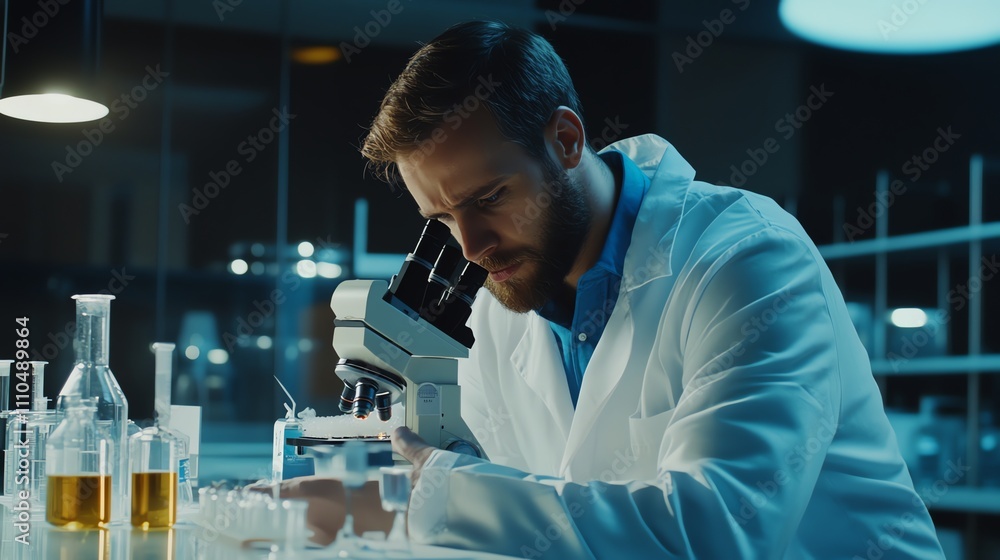 Poster a scientist in a lab coat examines a sample under a microscope.