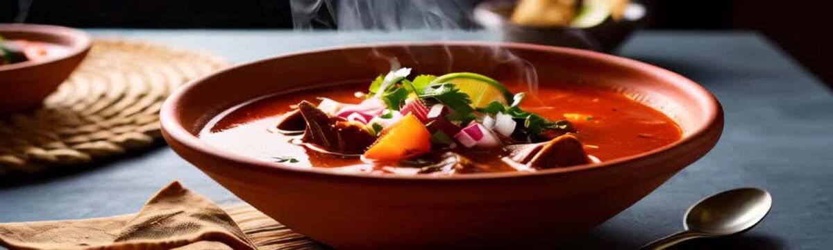 A steaming bowl of Birria soup featuring tender beef chunks in a rich, spicy red broth, garnished with cilantro, lime, and onions