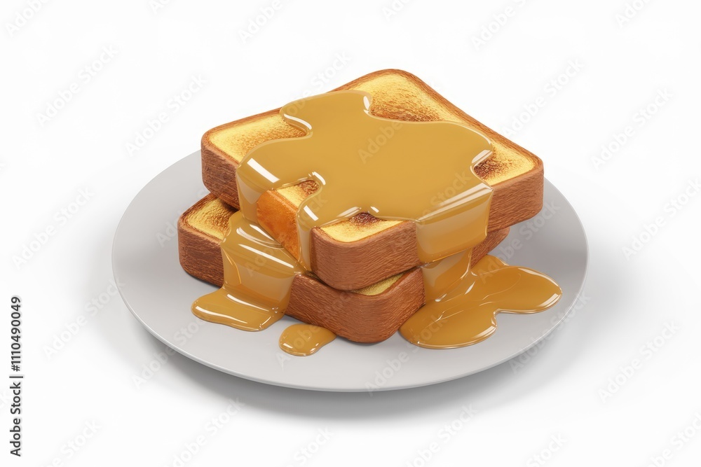 Poster two slices of golden brown toast topped with a generous drizzle of caramel sauce.