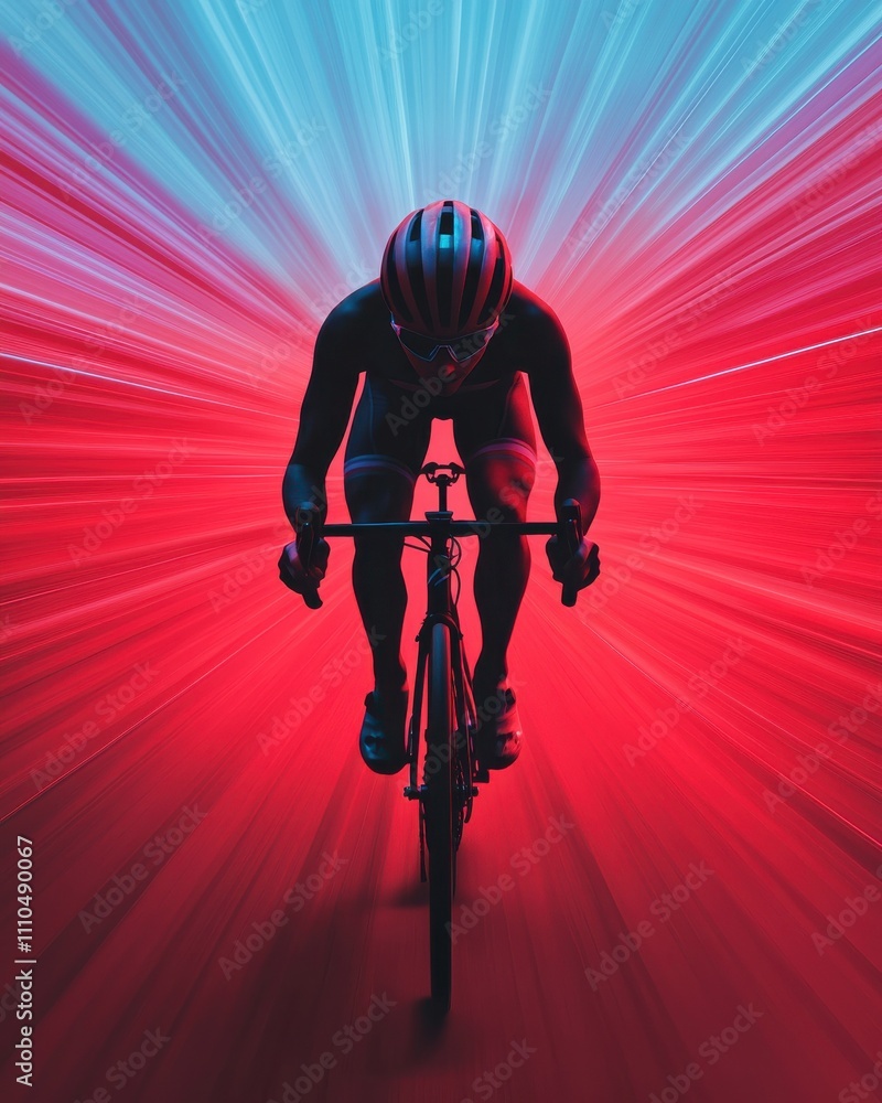 Poster a cyclist in a dynamic pose rides through a burst of colorful light, creating a sense of speed and e