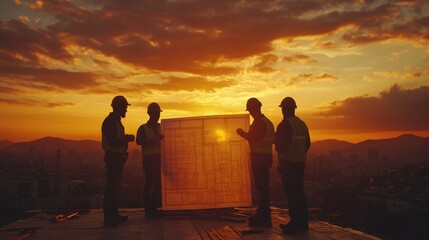 Construction Workers Analyzing Blueprints Against a Fiery Sunset Skyline while Preparing for the Next Phase of Their Building Project in an Urban Environment
