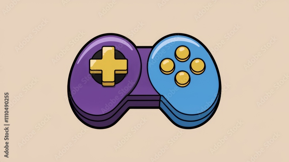 Poster A retro style video game controller with purple and blue buttons.
