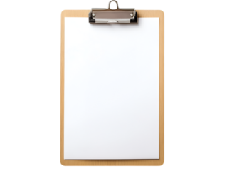 blank clipboard with a smooth, wooden texture, holding a clean, white sheet of paper, isolated 