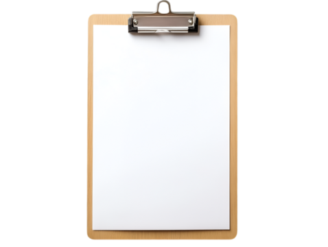 blank clipboard with a smooth, wooden texture, holding a clean, white sheet of paper, isolated 