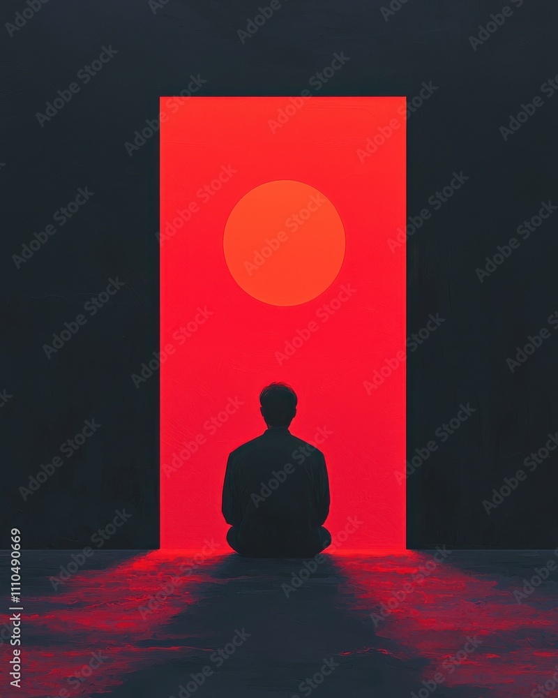 Poster a silhouette sits in front of a vibrant red doorway with a glowing circle, creating a striking contr