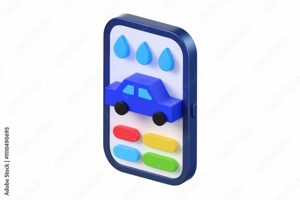 Poster Mobile app interface showing car wash service with water drops and colorful buttons.