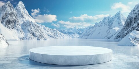 A round ice podium in the center of an icy lake, surrounded by snow covered mountains