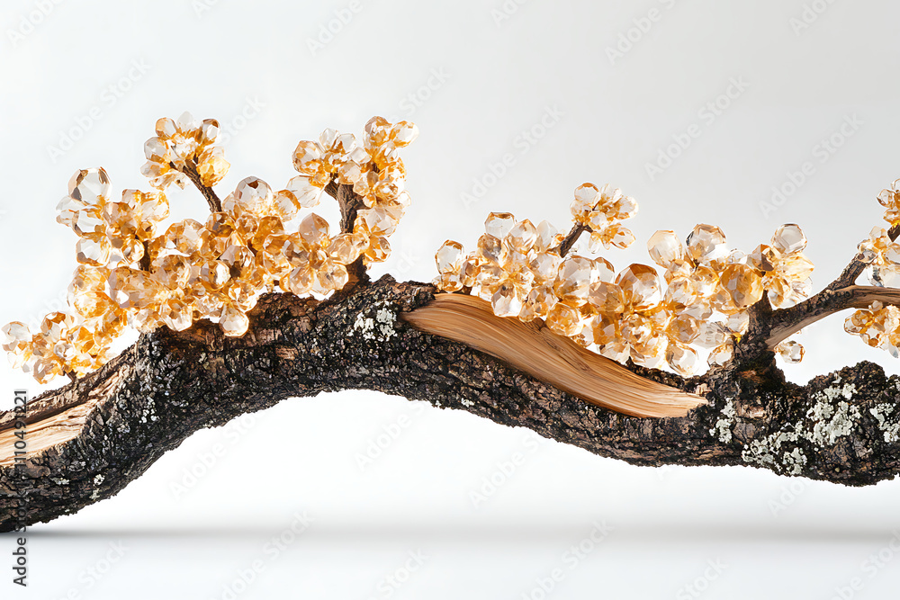 Poster artistic representation of a branch adorned with crystal-like elements resembling flowers.