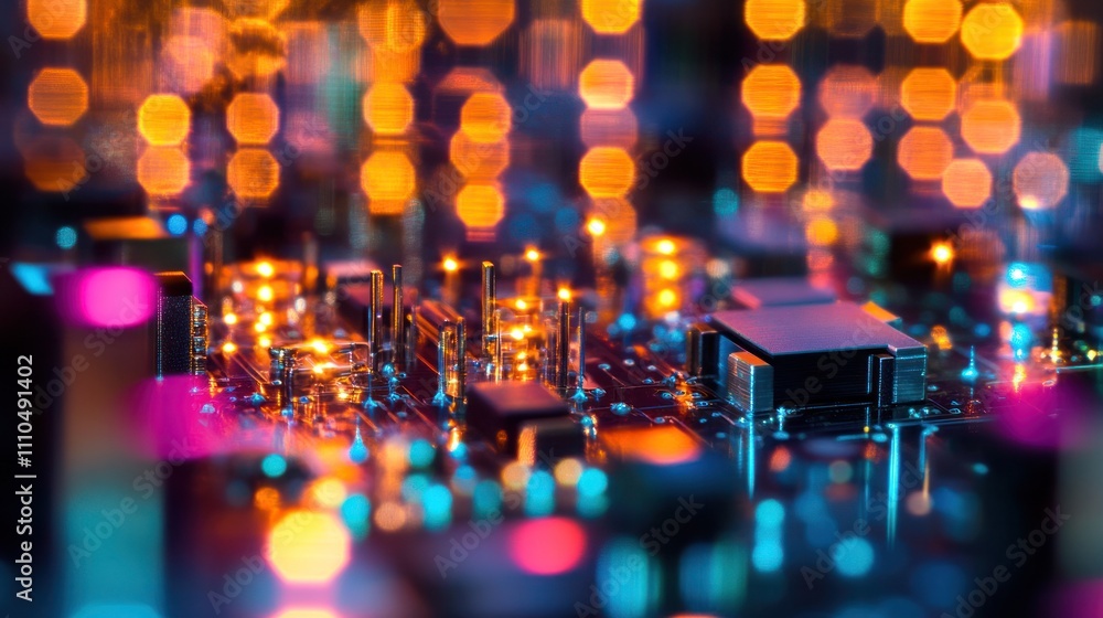 Poster electronic chips and superconductors in a high-tech laboratory with soft glowing lights emphasizing 