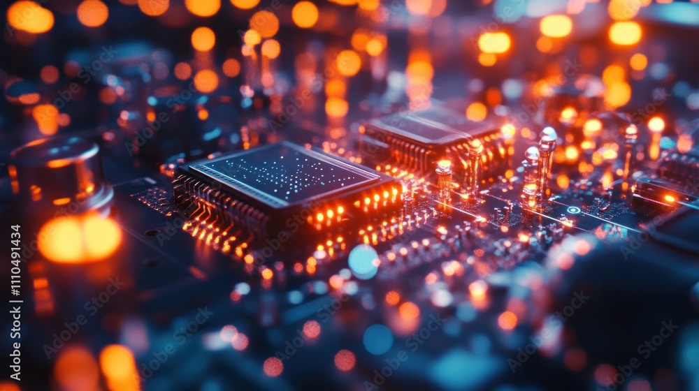 Poster electronic chips and superconductors in a high-tech laboratory with soft glowing lights emphasizing 