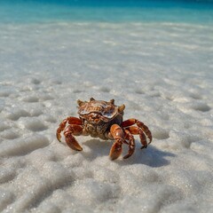 A hermit crab scuttling across a white sandy seafloor in clear water.

