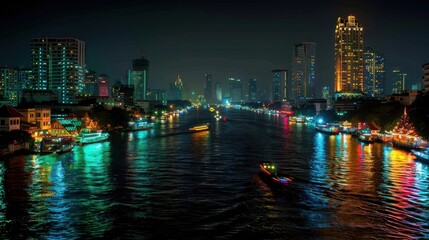 Fototapeta premium A vibrant cityscape at night, showcasing illuminated buildings and a river reflecting colorful lights.