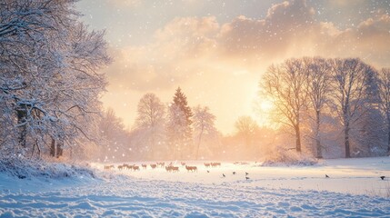 Obraz premium A herd of deer in a snowy winter landscape, with snow-covered trees and soft light filtering through the sky
