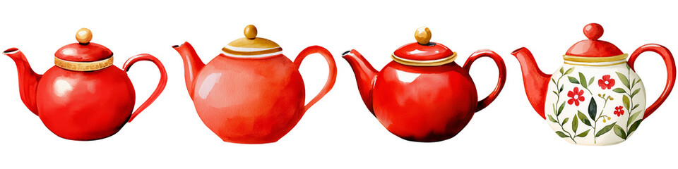 Chinese New Year festival and symbolism, A series of four teapots, three in vibrant red with golden accents and one white with floral designs.