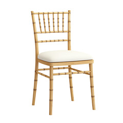A stylish wooden chair with a bamboo-inspired design and a cushioned seat, ideal for elegant dining or event settings.