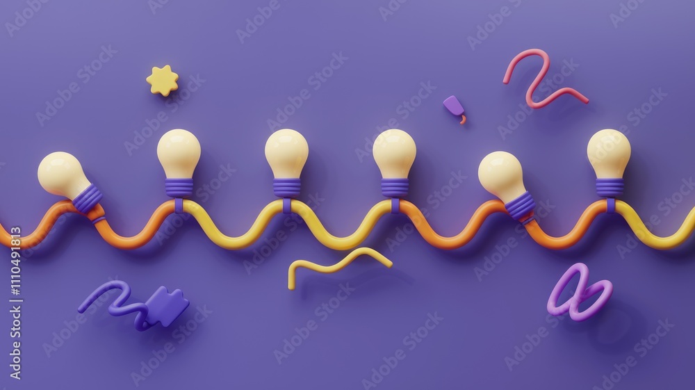 Fototapete a row of lightbulbs connected by a wavy wire symbolizing interconnected ideas and creativity.