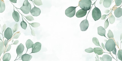 Watercolor eucalyptus, with branches and leaves hanging down on a white background, in soft green colors, with gold foil accents.