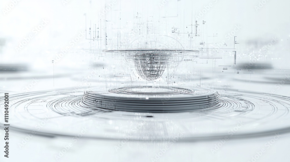 Aufkleber system with floating data streams and architectural blueprints emerging from a central hub,
