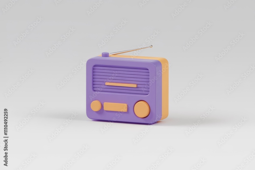 Poster a 3d render of a retro styled radio purple and orange symbolizing classic broadcasting.