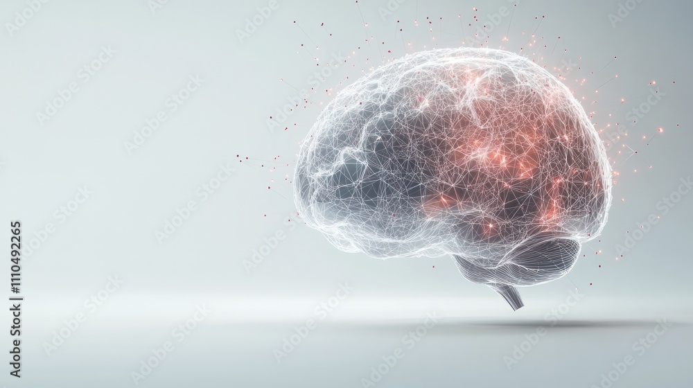 Poster brain with digital circuits and quantum particles swirling around it on a clean white background rep