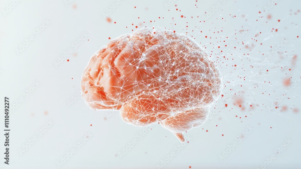Poster brain with digital circuits and quantum particles swirling around it on a clean white background rep