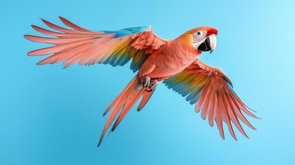Fototapeta premium A photostock of a vibrant pink parrot captured in mid-flight with detailed feathers, isolated on a white background for exotic or tropical themes. High Quality