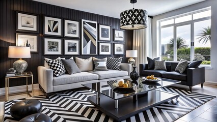 High-Contrast Black and White Living Room with Bold Graphic Prints and Metallic Accents, Featuring Contemporary Artwork Pops of Color in a Modern Interior Design Setting
