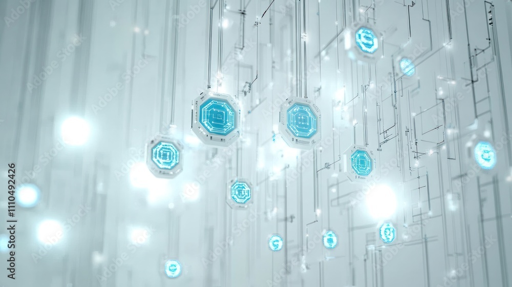Poster futuristic quantum computer design with intricate circuits and glowing blue nodes suspended