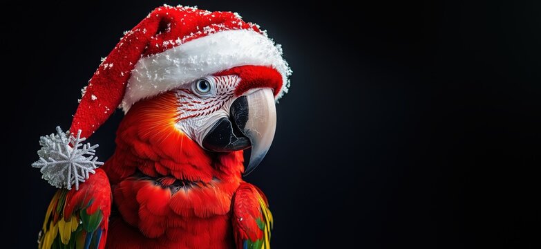 Parrot wearing Christmas hat, festive red and green feathers, snowy decoration, vibrant colors, holiday spirit, copy space for text