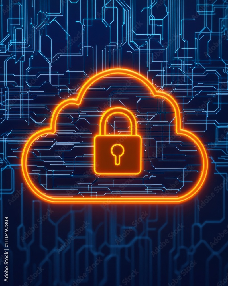 Poster a glowing cloud with a padlock symbol, representing cloud security and data protection in a digital 