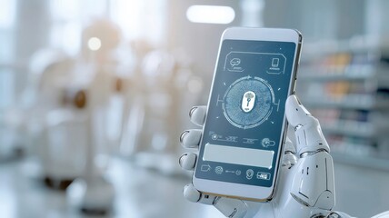 mobile payment cashless network concept. A robotic hand holds a smartphone displaying a digital lock, symbolizing security and technology in a futuristic environment.
