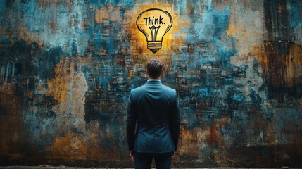 Man facing illuminated chalkboard with light bulb drawing, creative ideas, innovation concept, brainstorming, problem-solving, inspiring thoughts, business planning, intelligent design