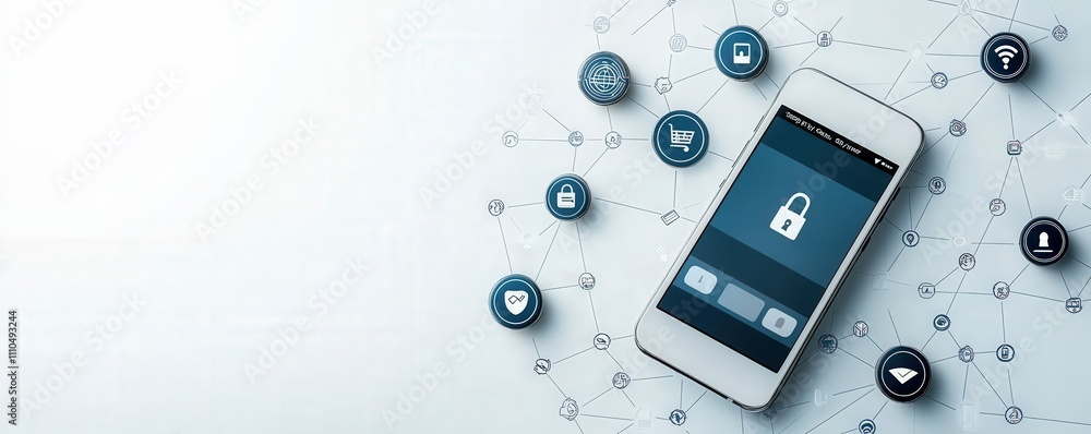 Aufkleber mobile payment cashless network concept. a smartphone displaying a padlock symbol, surrounded by var